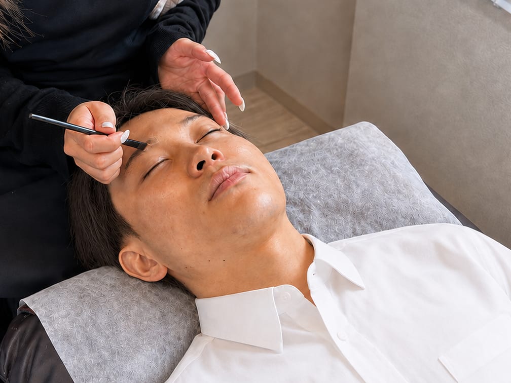 moteteで眉を整えている施術の様子